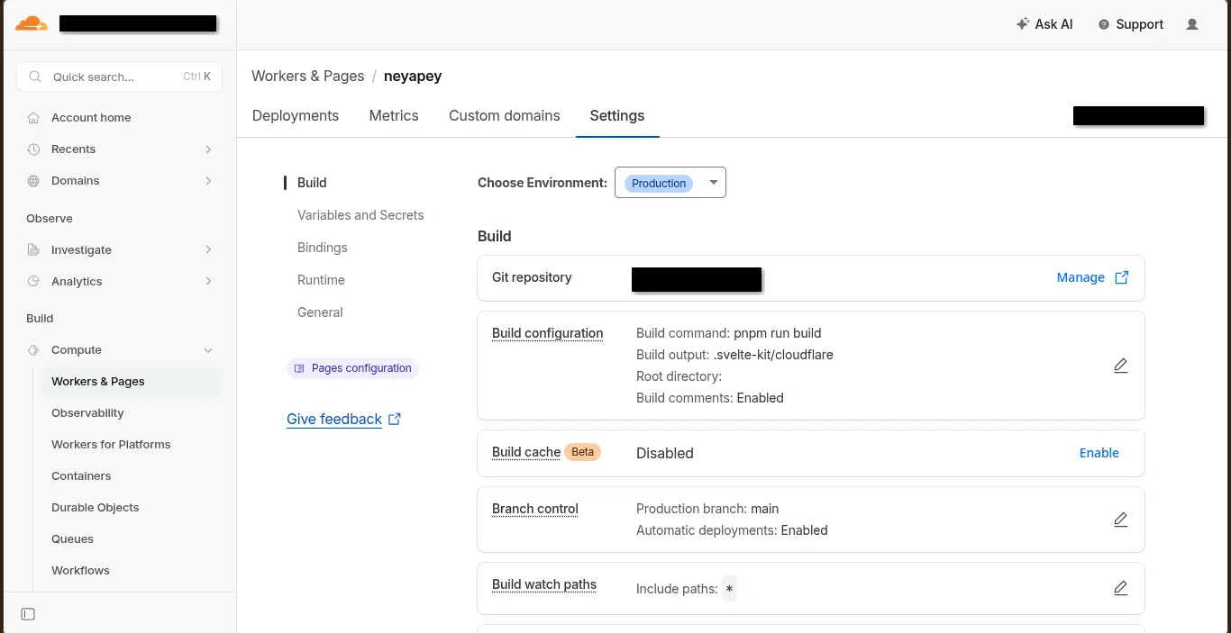 Cloudflare Pages screenshot. Sveltekit configuration